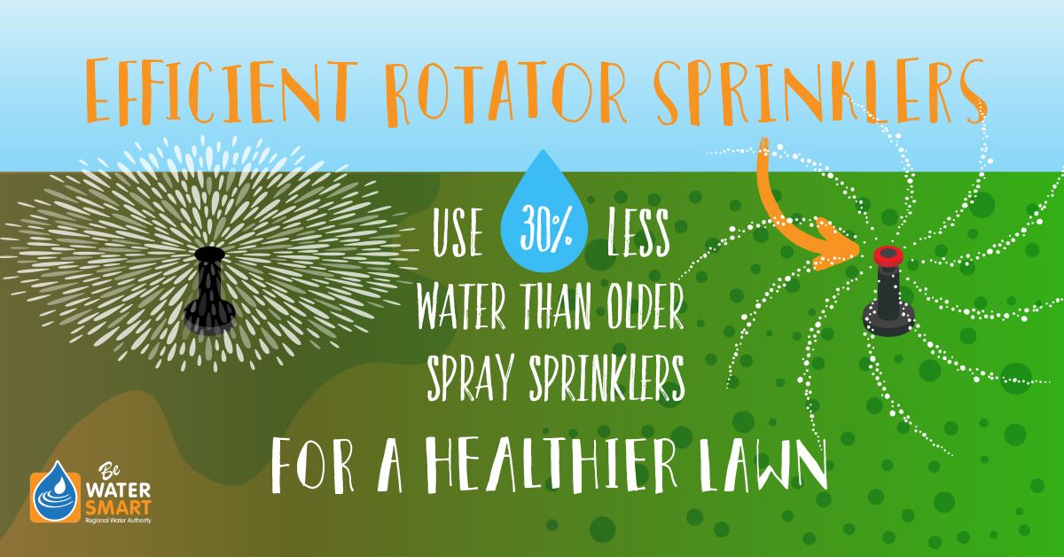 Efficient rotator sprinklers use 30% less water than older spray sprinklers for a healthier lawn